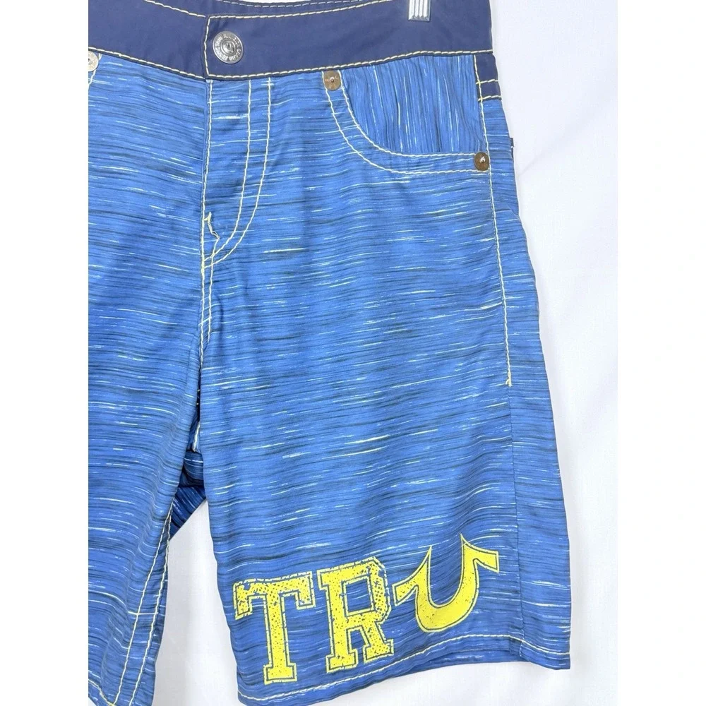 True Religion Blue Yellow Stitch Horseshoe Flap Pocket Board Swim Shorts 32